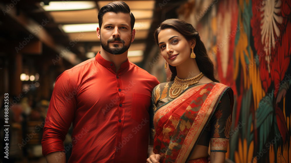 Beautiful couple standing with traditional kerala dress, man wearing red full sleeve shirt and cream color dhothi with kasav, onam traditional background