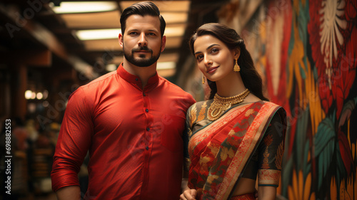 Beautiful couple standing with traditional kerala dress, man wearing red full sleeve shirt and cream color dhothi with kasav, onam traditional background