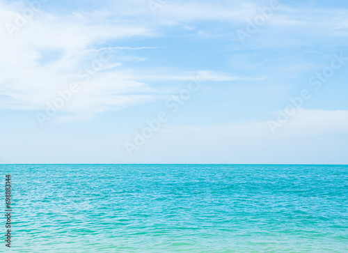 Travel Sea Nature Concept, Shore Water Blue Ocean White Cloud Sky Background, View Calm Texture Wave Surface Beach with Horizon, Island Beautiful Landscape for Card Tourism Holiday Vacation Relax.