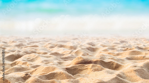 Travel Sea Nature Concept  Shore Sand Water Blue Ocean blur Background  View Calm Texture Wave Surface Beach with Horizon  Island Beautiful Landscape for Card Tourism Holidays Vacation Relax Tropical.