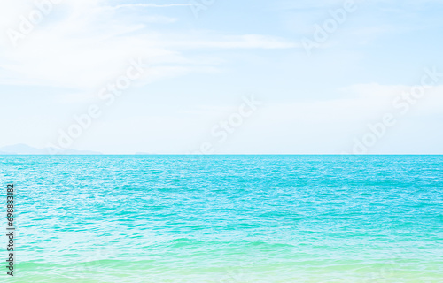 Travel Sea Nature Concept, Shore Water Blue Ocean White Cloud Sky Background, View Calm Texture Wave Surface Beach with Horizon, Island Beautiful Landscape for Card Tourism Holiday Vacation Relax.