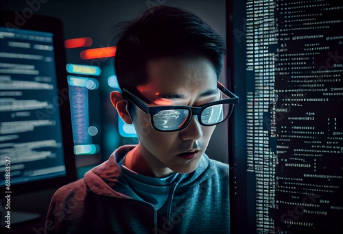 Asian software developer using virtual reality goggles to code new server interface, analyzing script information on terminal window. Coder programming it database for internet. Generative AI photo