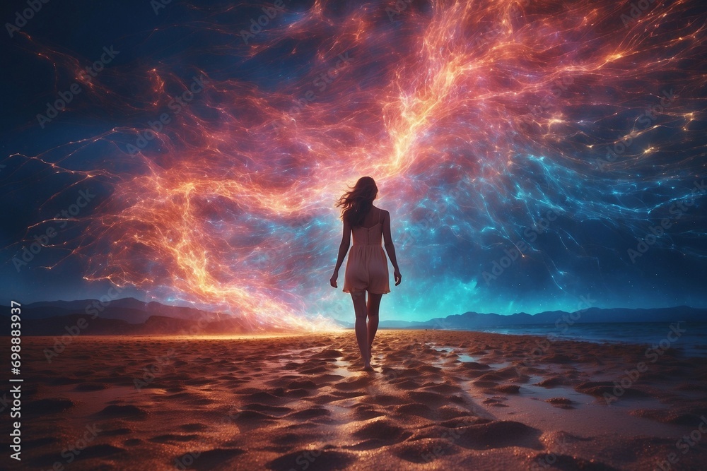 Obraz premium Woman leaves behind a trail of electro waves.