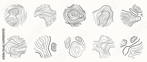 Topographic map circle pattern set vector. Abstract mountain terrain map background with abstract shape line texture. Design illustration for wall art, fabric, packaging, web, banner, wallpaper.