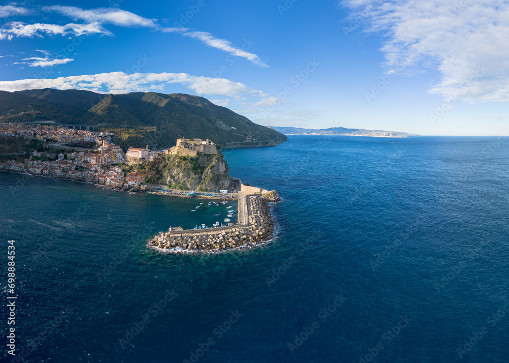 drone landscape view of the seaside town of Scilla in Calabria - obrazy, fototapety, plakaty 
