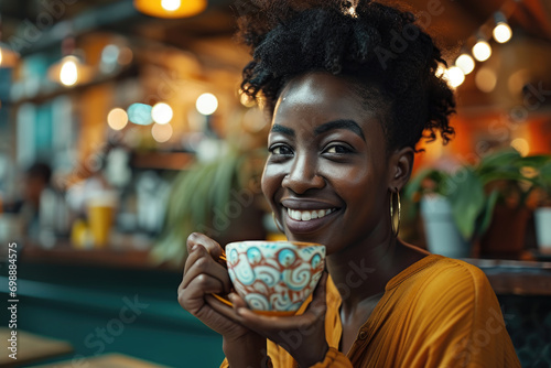 African American beautiful young woman happy smiling  drinking a cup of coffee in cafe