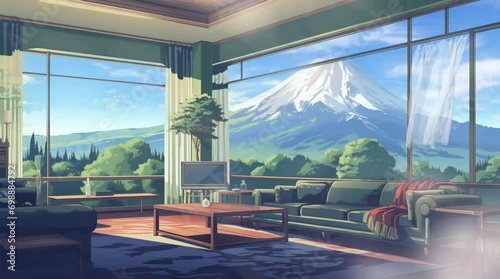 hotel interior view with sea panoramic windows view looping video animation anime background illustration