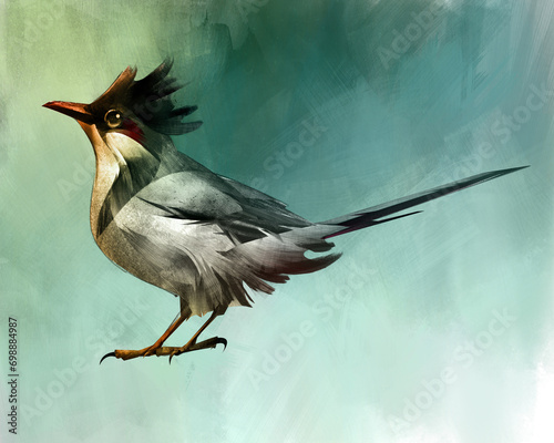 a graphic drawing of a small crested bird in color photo