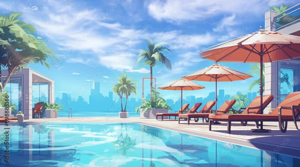 hotel swimming pool with umbrella and relaxing bench with sea view looping video animation anime background illustration hotel swimming pool with umbrella and relaxing bench with sea view looping video animation anime background illustration