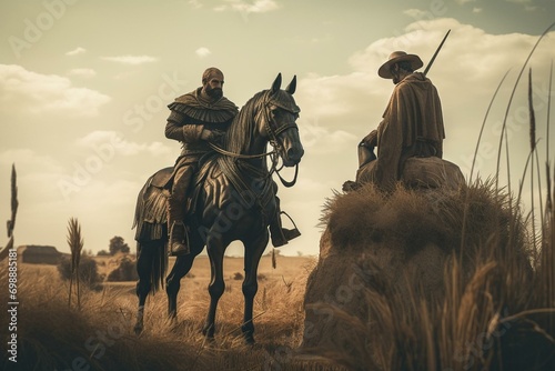 An artwork depicting Don Quixote and Sancho Panza in a scene. Generative AI photo