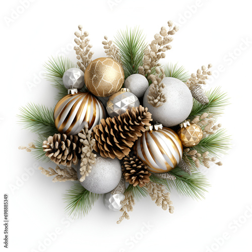 Composition Of Christmas Decoration Gold Baubles, Holiday Ornamental Display, Christmas Festivity, 
