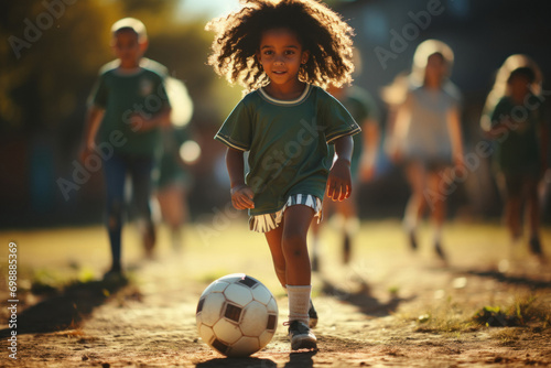 Happy smiling multinational preschool children playing soccer