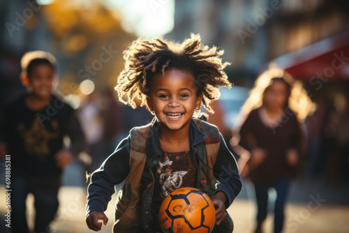 Happy smiling multinational preschool children playing soccer photo