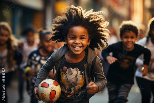 Happy smiling multinational preschool children playing soccer photo