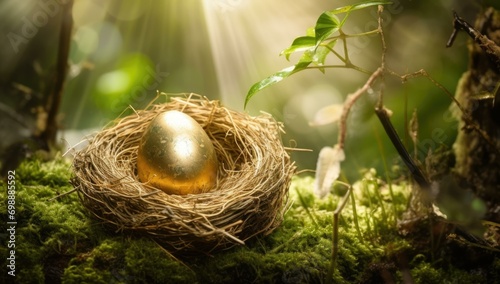 Golden egg in nest on mossy forest background. Generative AI.