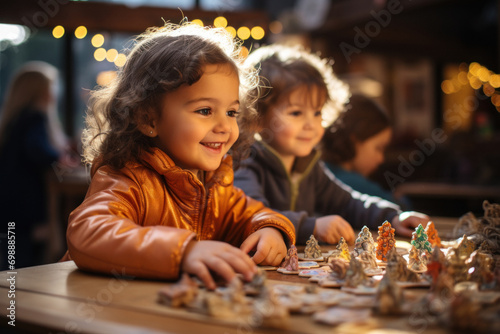 Close-up view of cute happy preschool girl sitting at desk in kindergarten