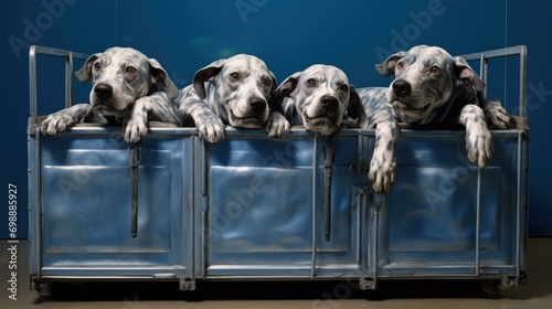 Three adorable Great Dane puppies peek out from a small crate, showcasing their playful and curious nature. Generative AI. photo