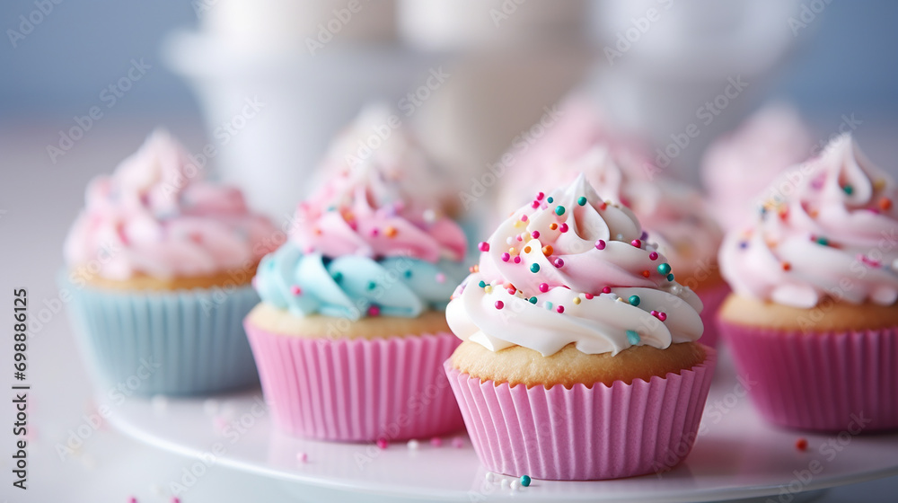 delicious pink and blue birthday cupcake on table on light background