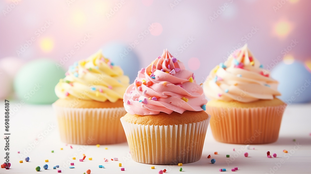 delicious birthday cupcake on table with blurred background
