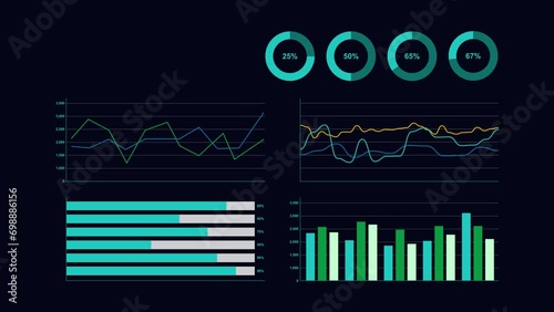 Various graph motions on a dark background. Analysis and prediction of various data.
