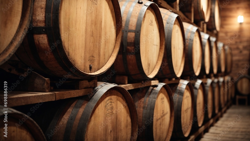 wine barrels on a wall in a cellar cellar stock photo