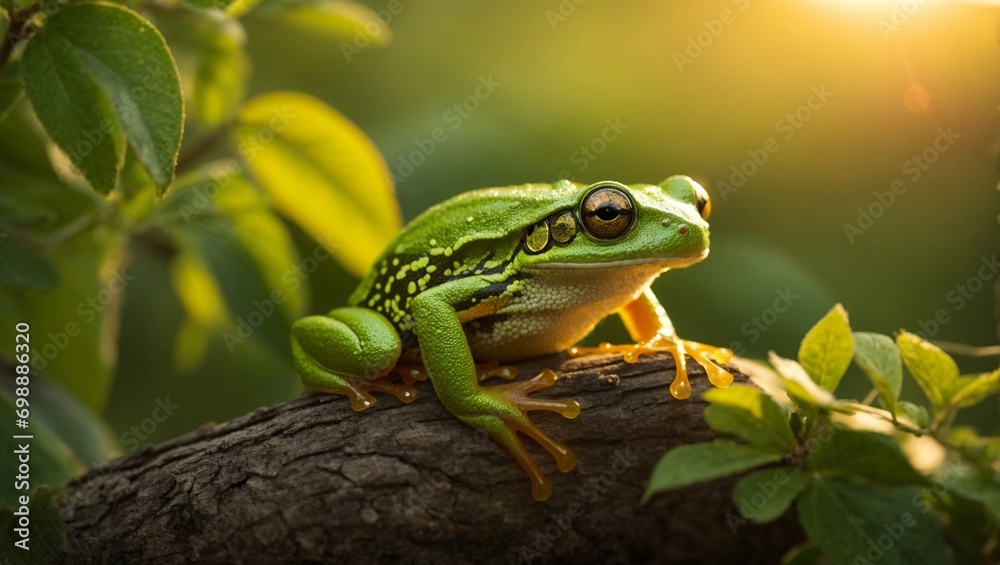 Fototapeta premium the frog is sitting on the branch of a tree and staring