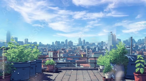 building rooftop with small garden and city landscape panoramic view looping video animation anime background illustration