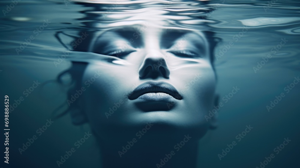 A woman under water with her eyes closed. Generative AI. A woman under water with her eyes closed. Generative AI.