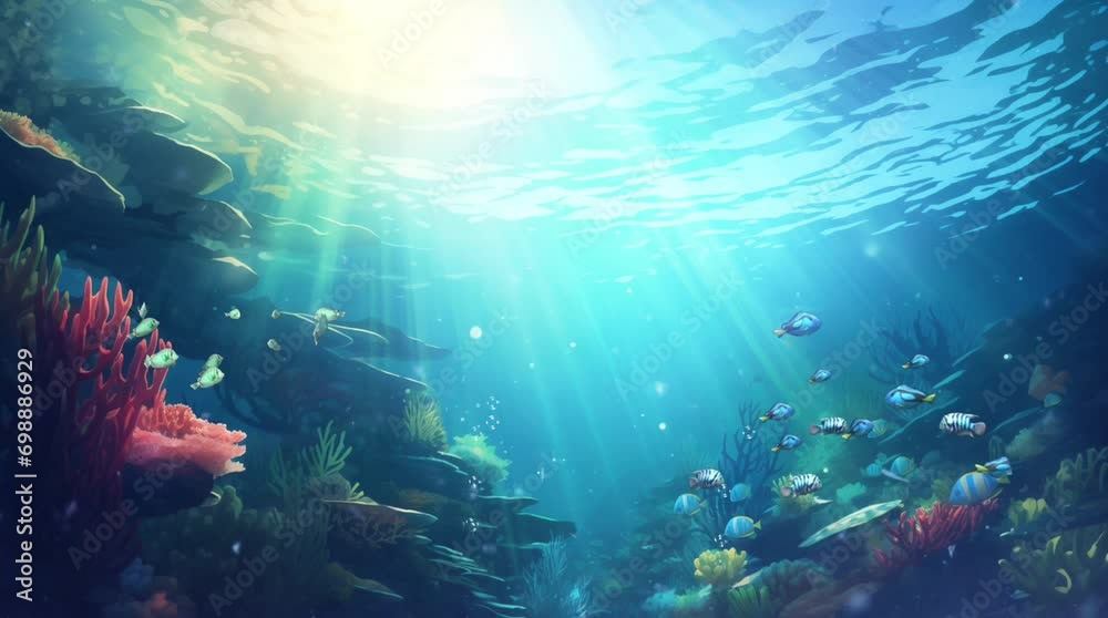 underwater scene with fish and coral and light rays from surface looping video animation anime background illustration
