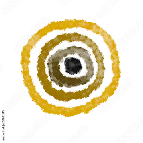 Circle painted watercolor swirl isolated on white background, Yellow, Gold, Brown color, Hand drawn, Round strokes of the paint brush, Polka dot pattern, Abstract, Watercolor illustration