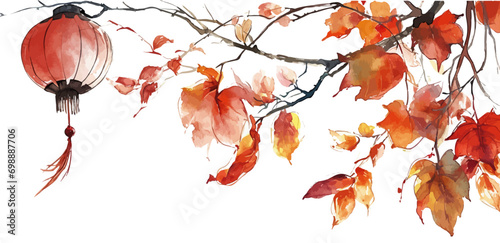Vector watercolor illustration branches with Chinese lanterns，winter spring autumn branches,Christmas branches,Chinese new year branches