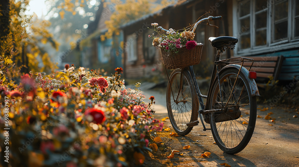 a vintage bicycle with a basket of flowers standing amidst a colorful garden in front of an old house during midday.