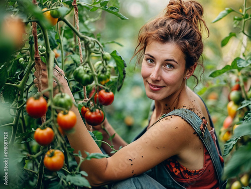 Organic Farming, Smiling Woman Harvesting Fresh Produce in Sunlit Garden, Sustainable Agriculture, Nature