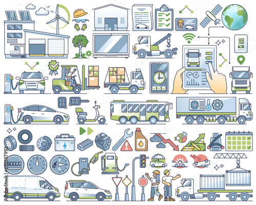 Fleet management, global logistics and transportation outline collection set, transparent background. Elements with cargo shipping, truck tracking or shipment monitoring illustration.