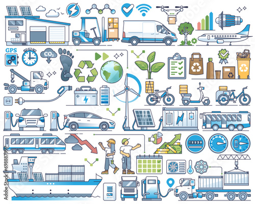 Green logistics and sustainable transportation outline collection set, transparent background. Elements with nature friendly shipping service and environmental ship, truck or plane.
