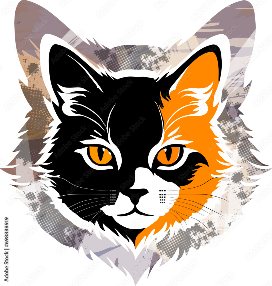 Obraz premium Portrait of head cute tabby kitten with black, orange and white haired on her head shape abstract watercolor background. Cute cat hand drawn. Vector illustration. 