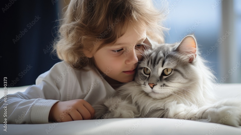 ?ute portrait of grey cat with boy at home by window. ?ute portrait of grey cat with boy at home by window.
