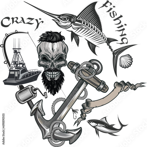 Crazy fishing. Skeleton fisherman catching marlin and tuna