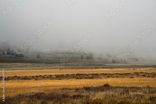 Grand Teton National Park at Wyoming  Mountain side on a foggy day