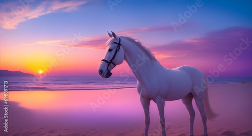 white horse standing in the middle of a vast ocean with beige sand beach