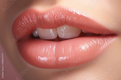 
Close up macro detail of womans lips with peach fuzz color lipstick, beauty shot photography