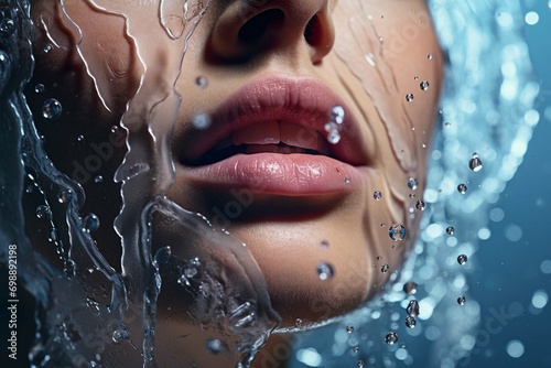  Close up of a beautiful womans face with splashes of hyaluronic acid, hydrating skin care