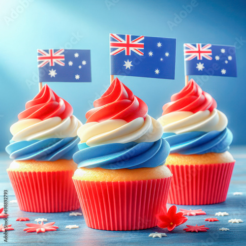 Fresh red, white and blue Australian themed cupcakes with national flag for Australia Day, national holiday celebration, blue color background, natural light, food concept, generative ai photo