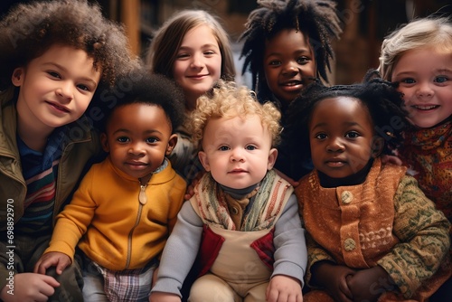 Diverse group of joyful children sitting together. Friendship and unity.