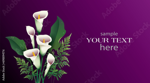 White calla flowers of Picasso variety bouquet with dew drops and fern fronds on a purple background. Vector illustration for greeting card, advertising poster or banner design with place for text.