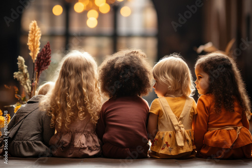 Back view of happy children listening to the teacher in kindergarten while sitting on the floor