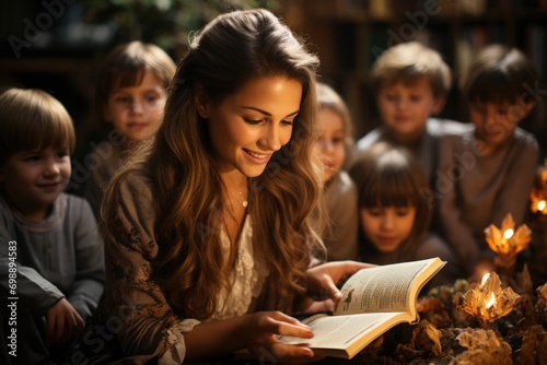 A kindergarten teacher reads a book to happy children