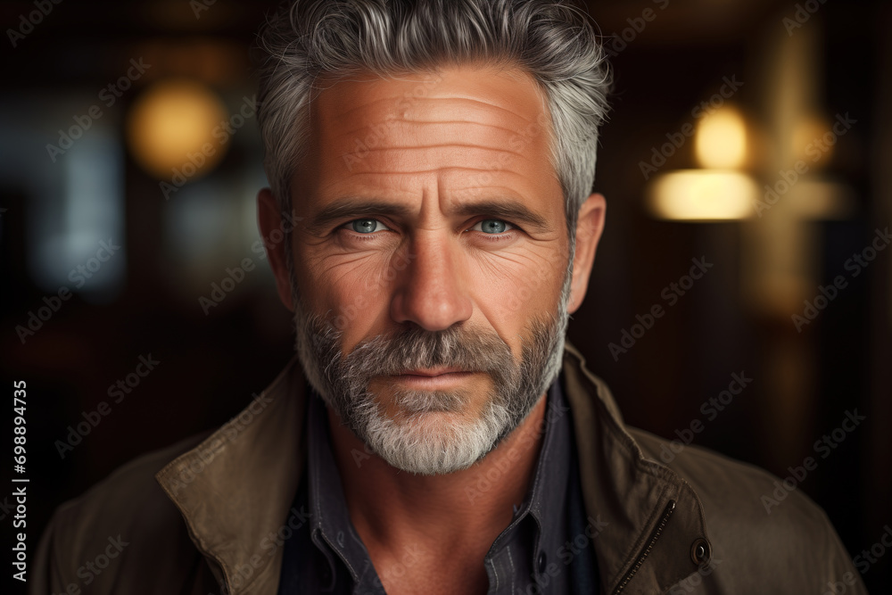 Male headshot portrait of a confident handsome middle-aged Caucasian man indoors in evening and looking at camera
