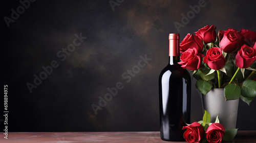 Valentine day greeting card with rose bouquet and red winne bottle over stone background with space for your greeting. top view flat lay photo