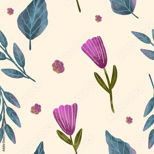 cute flower and leaves seamless pattern